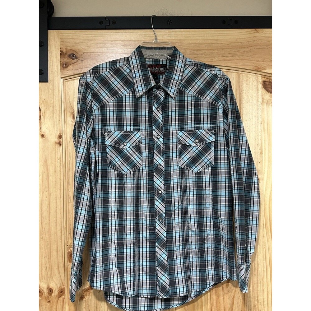 Rock & Roll Cowboy Shirt Mens Western Pearl Snaps Rodeo Blue Plaid Size M